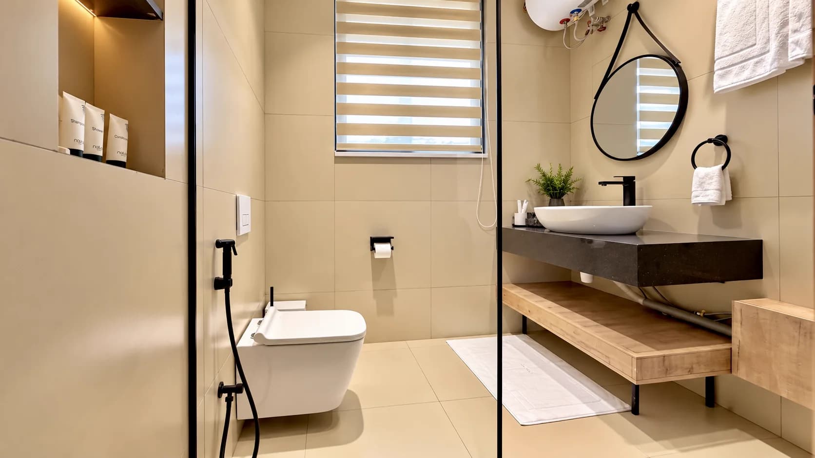 HMK Living ensuite bathroom with vessel basin and window, Kigo Kampala